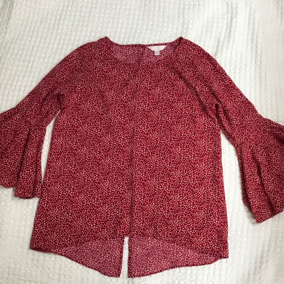 Lauren Conrad red print bell sleeve high/low top - Picture 6 of 8